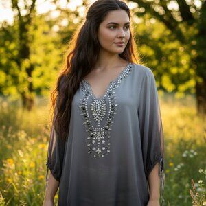 BKE Women's Top M Tunic Gray Ombre Beaded Whimsigoth Boho Cottage Artsy Fairy